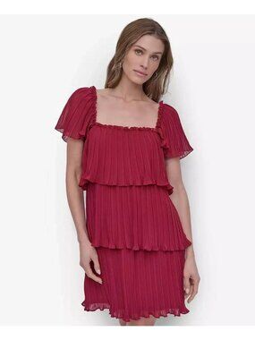 DKNY Tiered Pleated Ruffle Short Sleeve Dress In Red Size 10